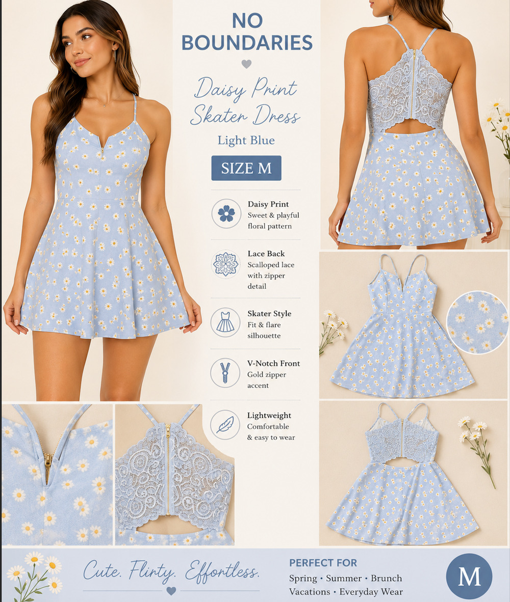 No Boundaries Daisy Print Lace Back Skater Dress Baby Blue M